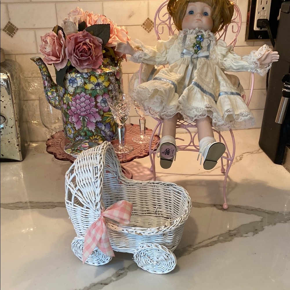 White Wicker Baby Carriage with Pink Bow